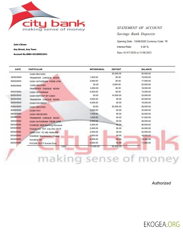Modèle Word et PDF de relevé bancaire de la ville des États Unis